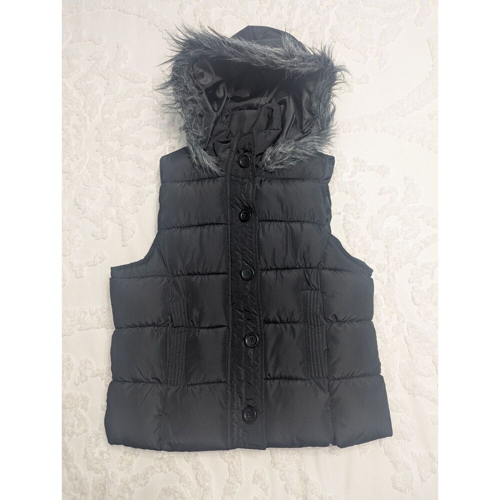 Arizona Jean Co. Black Puffer Vest Hooded Faux Fur Trim Size L